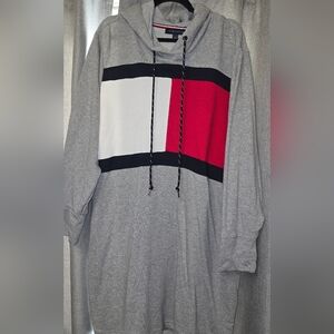 Tommy Hilfiger Gray Hoodie with Red, White, and Black Stripes